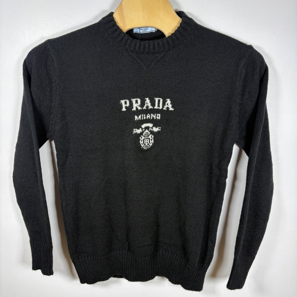 Prada Milano Logo Knit Sweater Mens XXL Black Long Sleeve Crewneck New